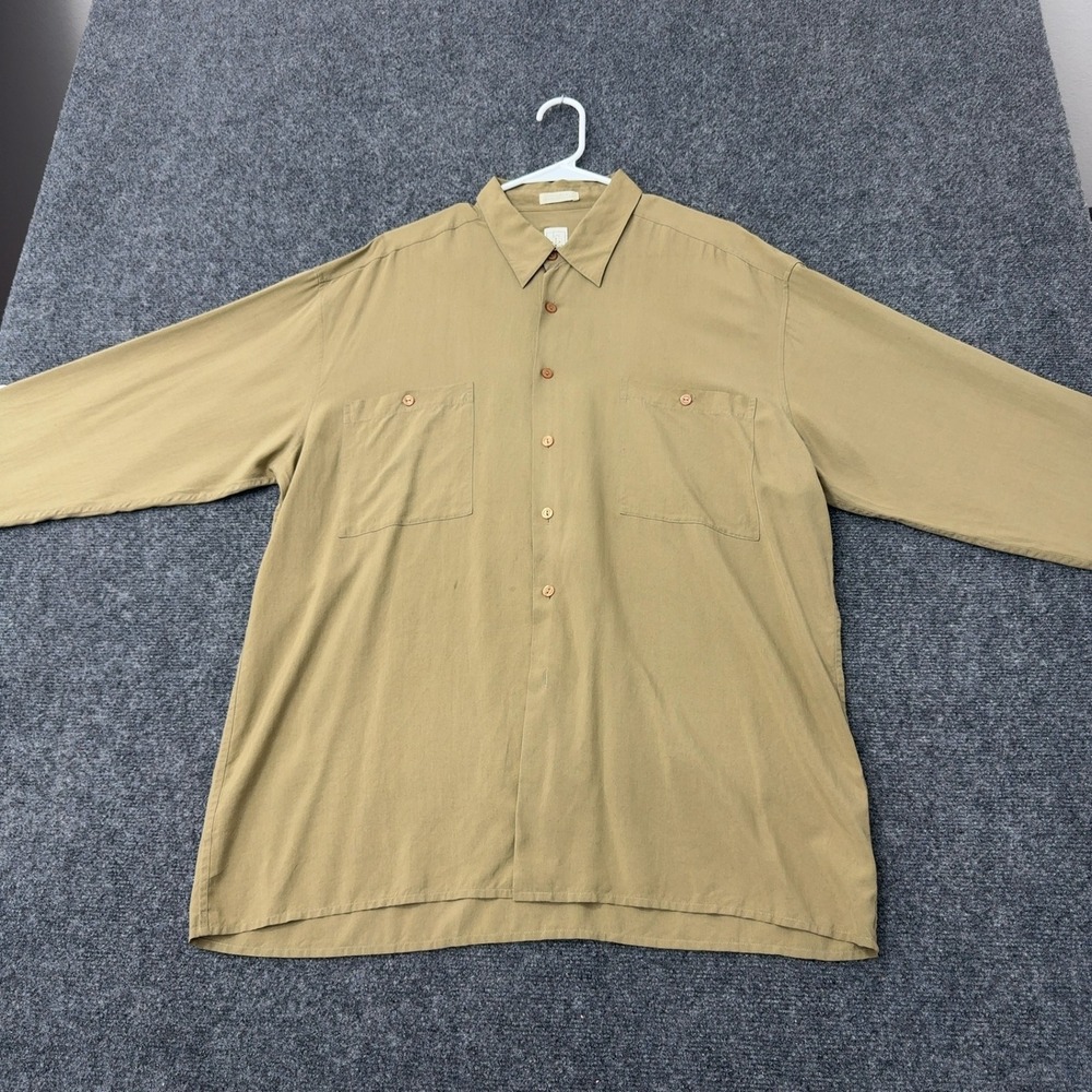 Vintage Burma Bibas Shirt Mens XL Tan Silk Long Sleeve Button Down Retro Style